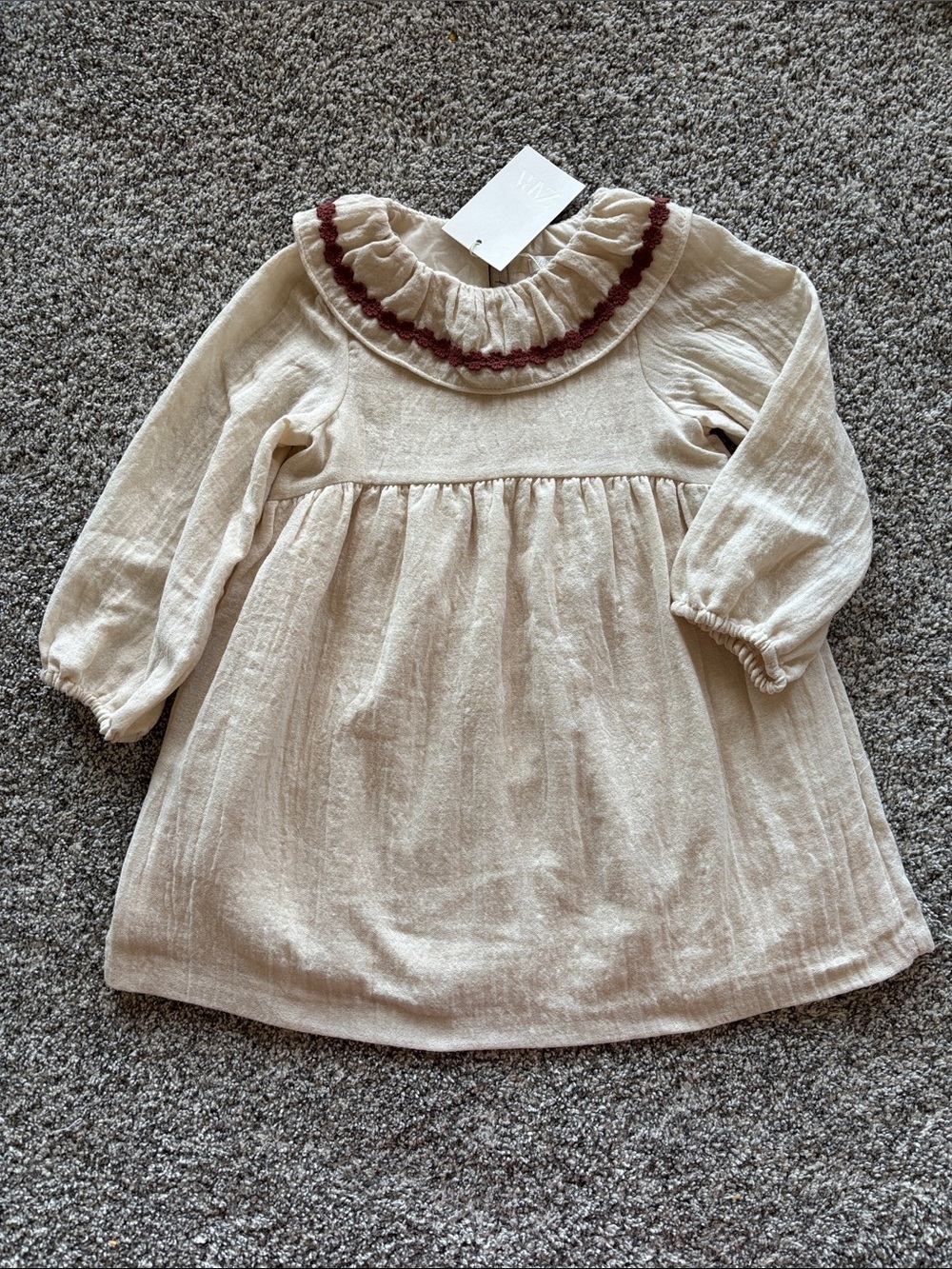 Zara Cream Long-Sleeve Dress with Burgundy Trim